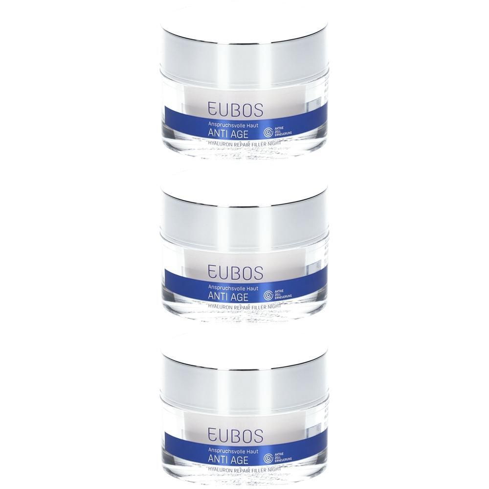 Trois pots Eubos Hyaluron Repair Filler Nuit avec couvercles argentés et étiquettes bleues.