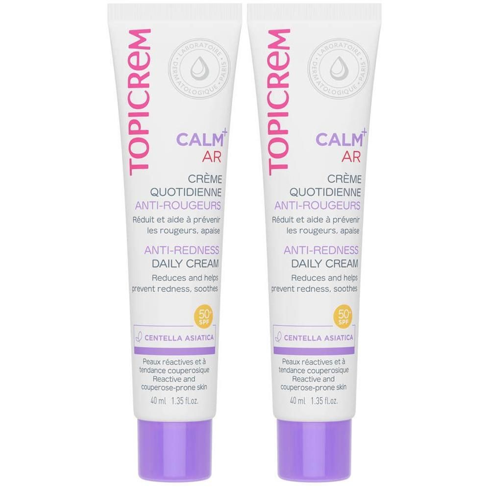 Deux tubes de crème apaisante légère Topicrem Calm+ Anti-Rougeurs.