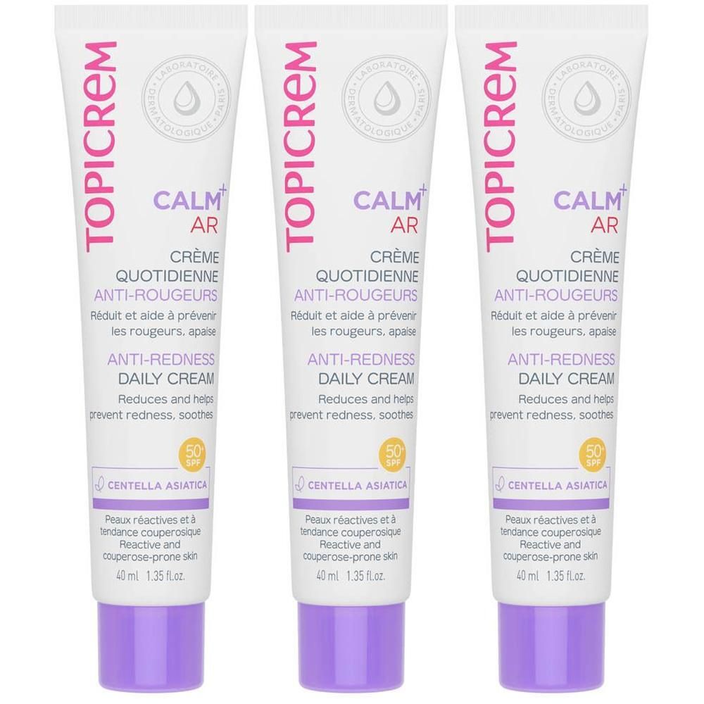 Drie tubes Topicrem Calm+ Anti-Roodheid Dagcrème SPF 50 met Centella Asiatica.