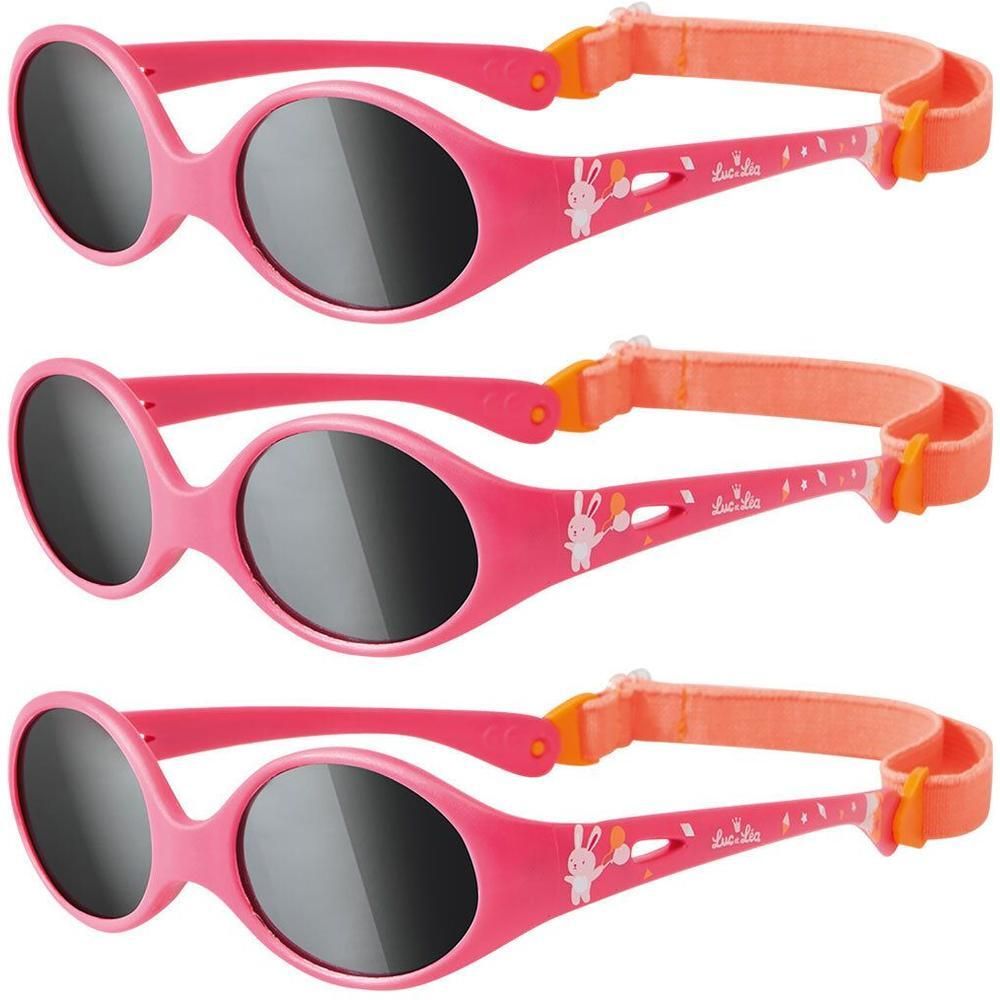 Trois paires de lunettes de soleil roses pour tout-petits avec motif lapin et sangle réglable.