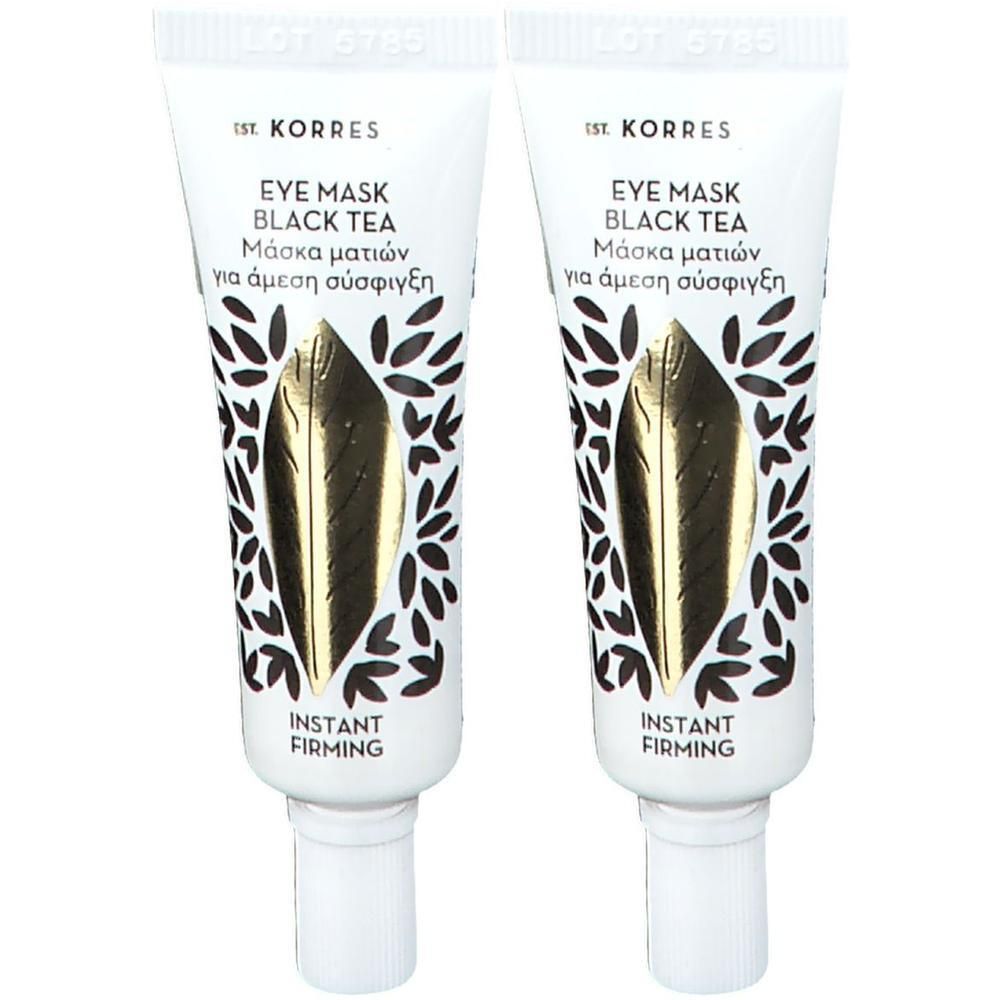 Deux tubes de masque pour les yeux Korres Thé Noir avec inscription Instant Firming.