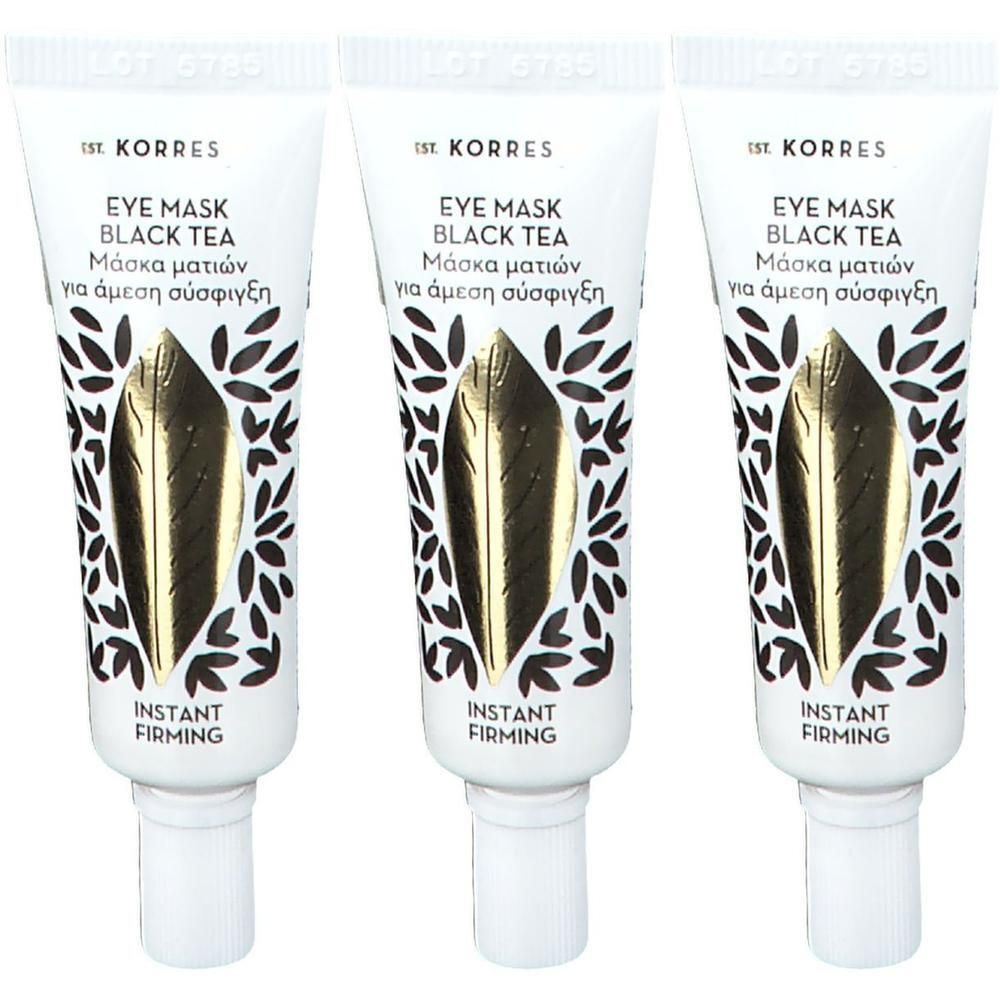 Trois tubes de masque pour les yeux au thé noir, inscription "Instant Firming".
