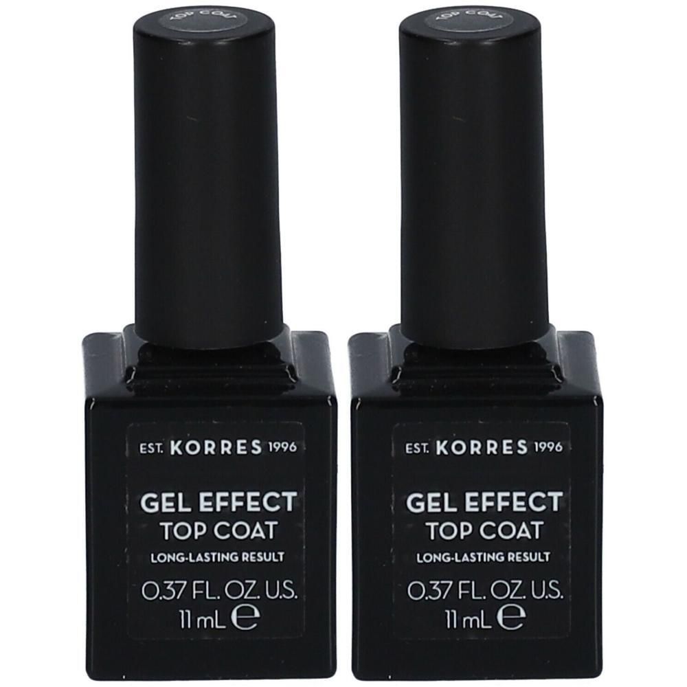 Deux flacons de vernis à ongles Korres Gel Effect Top Coat, 11 ml chacun.