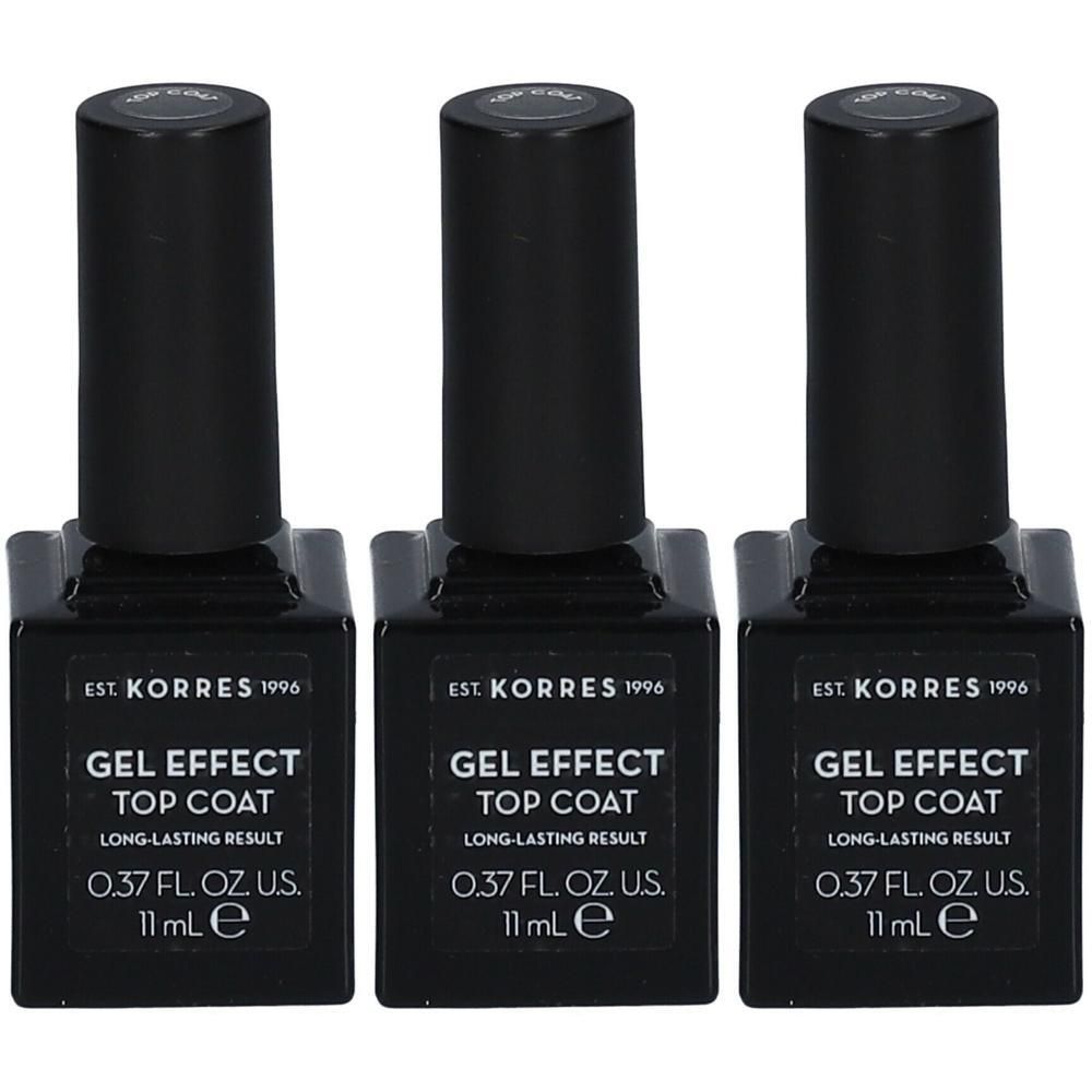 Trois flacons de Korres Gel Effect Top Coat, 11 ml chacun.