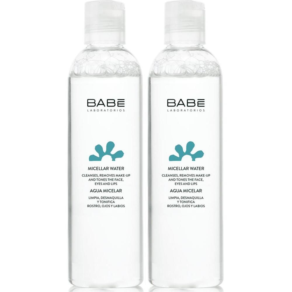 Deux bouteilles d'eau micellaire BABÉ avec logo bleu et texte.