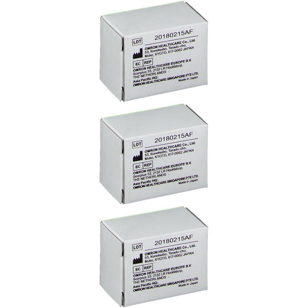 Trois boîtes blanches avec informations produit et détails du fabricant.