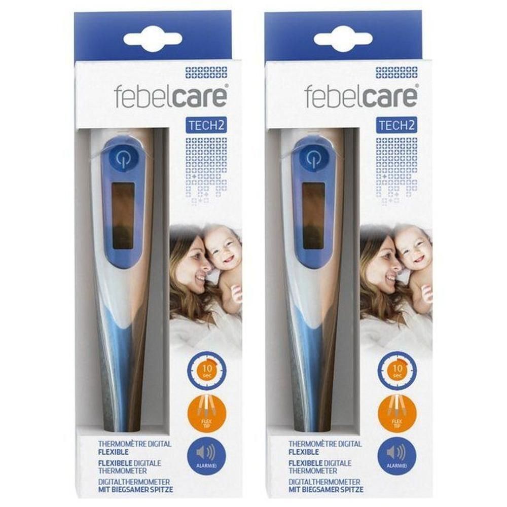 Twee Febelcare Tech 2 digitale thermometers in verpakking, met flexibele punt en alarm.