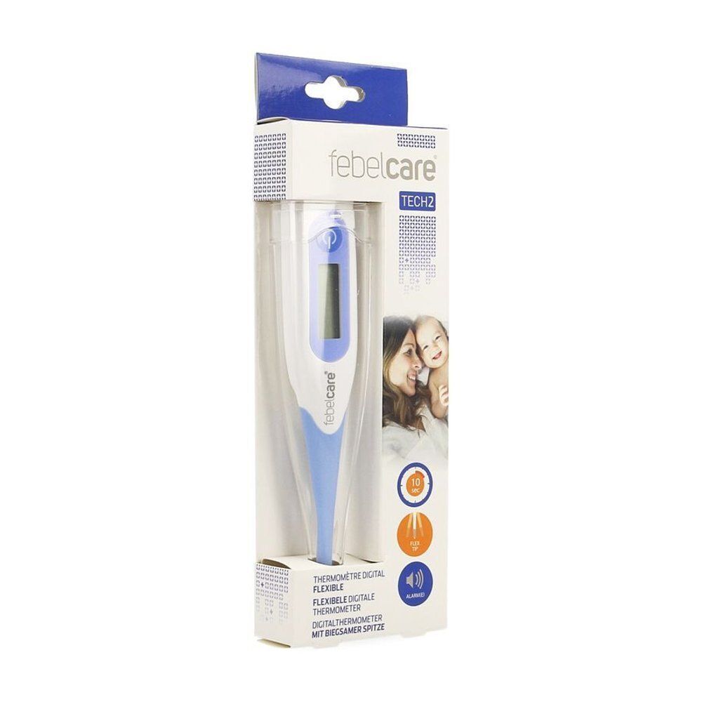 Febelcare Tech 2 digitale thermometer in verpakking, met flexibele punt en alarm.