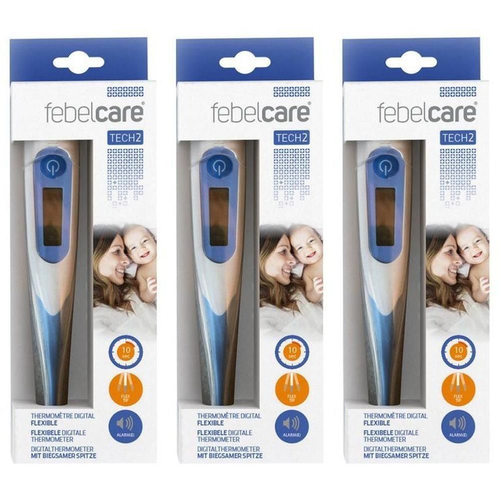Drie Febelcare Tech 2 digitale thermometers in verpakking. Blauw-witte apparaten met flexibele tip en digitaal display.