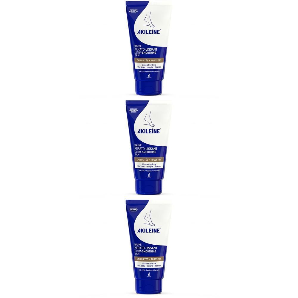 Trois tubes Akileïne Baume Kerato Lissant avec symbole de pied.