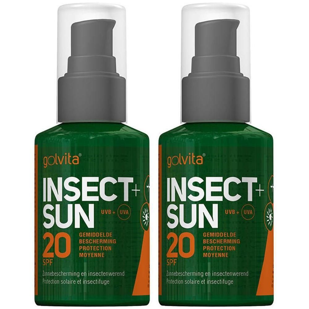 Twee groene flessen Golvita Insect+ Sun SPF 20 met pompdoseerders.