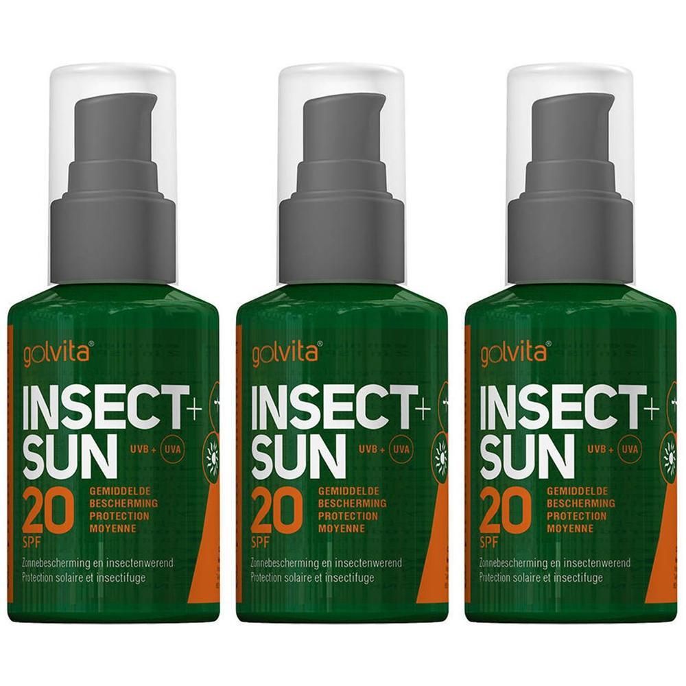 Trois flacons verts Golvita Insect+ Sun SPF 20 avec pompes. Protection solaire et anti-moustiques moyenne.