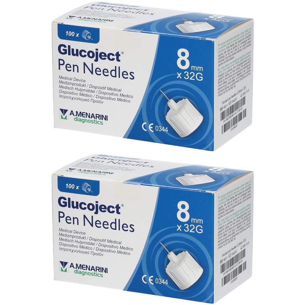 Deux boîtes de 100 aiguilles Glucoject Pen, 8mm x 32G. CE 0344.