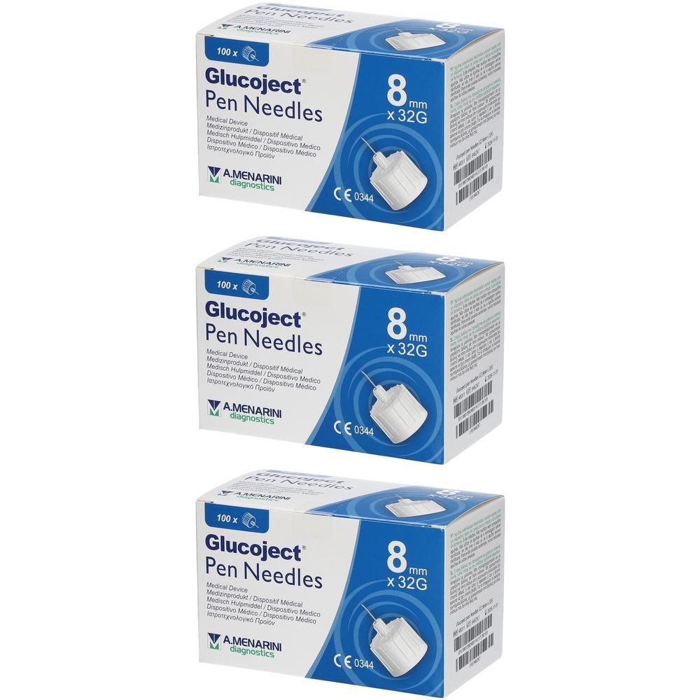 Doos met 100 Glucoject Pen naalden, 8mm x 32G. CE 0344 markering.