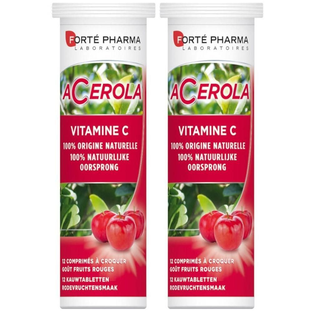 Deux tubes de comprimés à croquer Acerola Vitamine C goût fruits rouges.