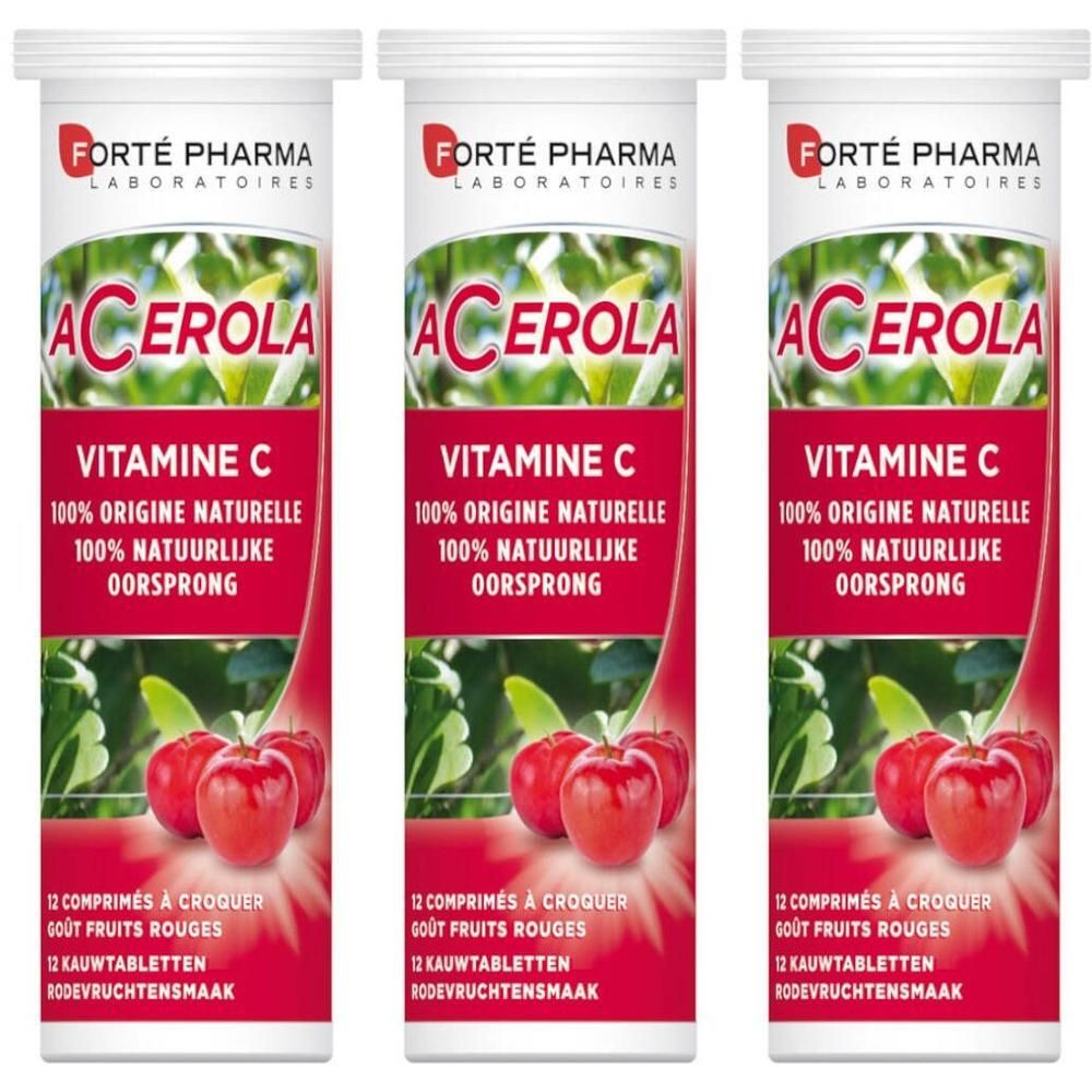 Drie tubes Forté Pharma Acerola Vitamine C kauwtabletten met rode vruchtensmaak.
