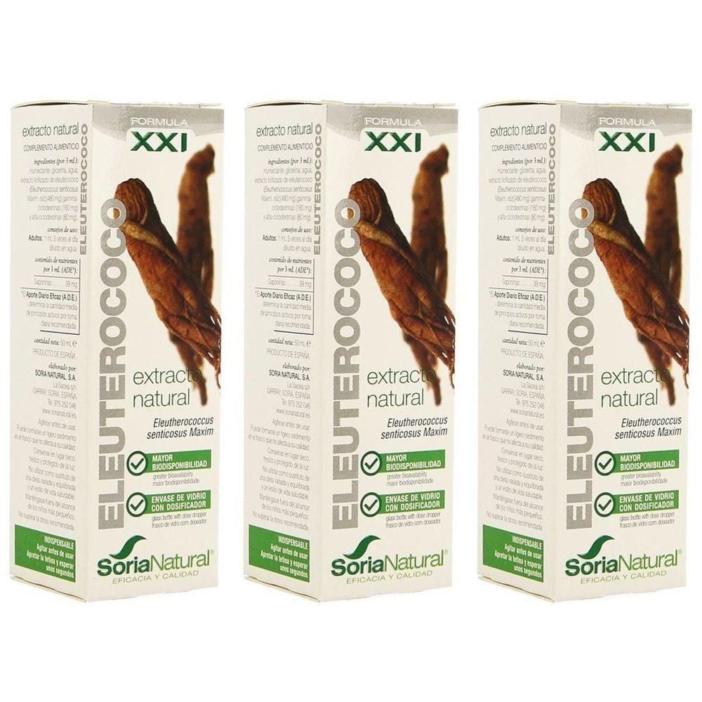 Trois boîtes Soria Natural Eleutherococcus Senticosus XXI Extra avec image de racine.