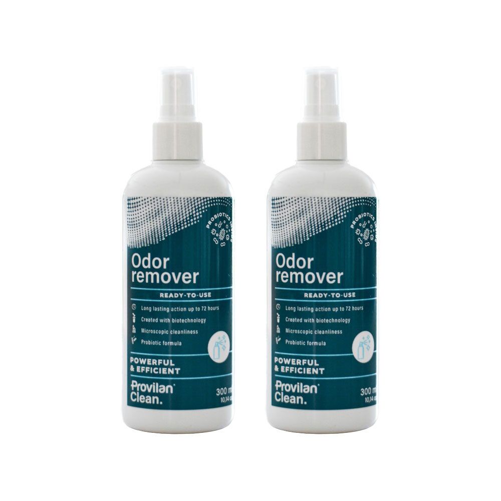 Deux flacons "Odor remover" de Provilan Clean, 300ml.