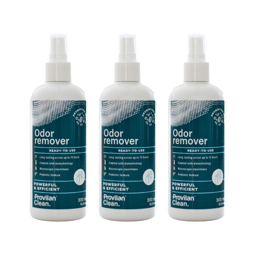 Drie spuitflessen met geurverwijderaar, 300 ml, met "Provilan Clean."