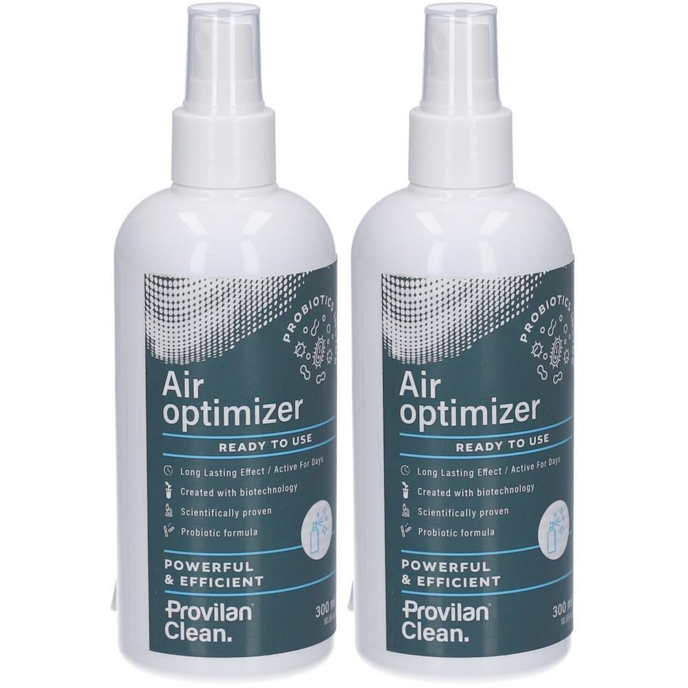 Deux flacons pulvérisateurs blancs avec inscription "Air optimizer" et "Provilan Clean". 300ml.