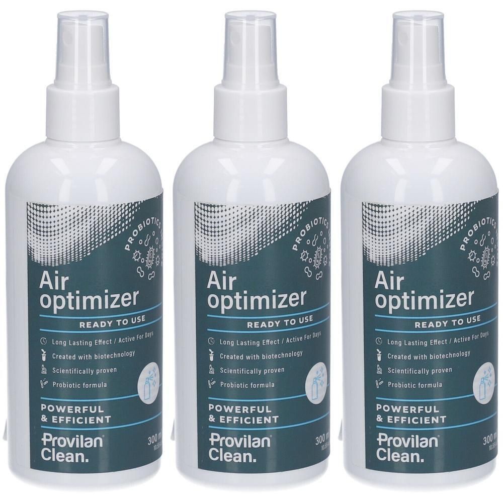 Trois flacons pulvérisateurs blancs avec "Air optimizer" et "Provilan Clean."