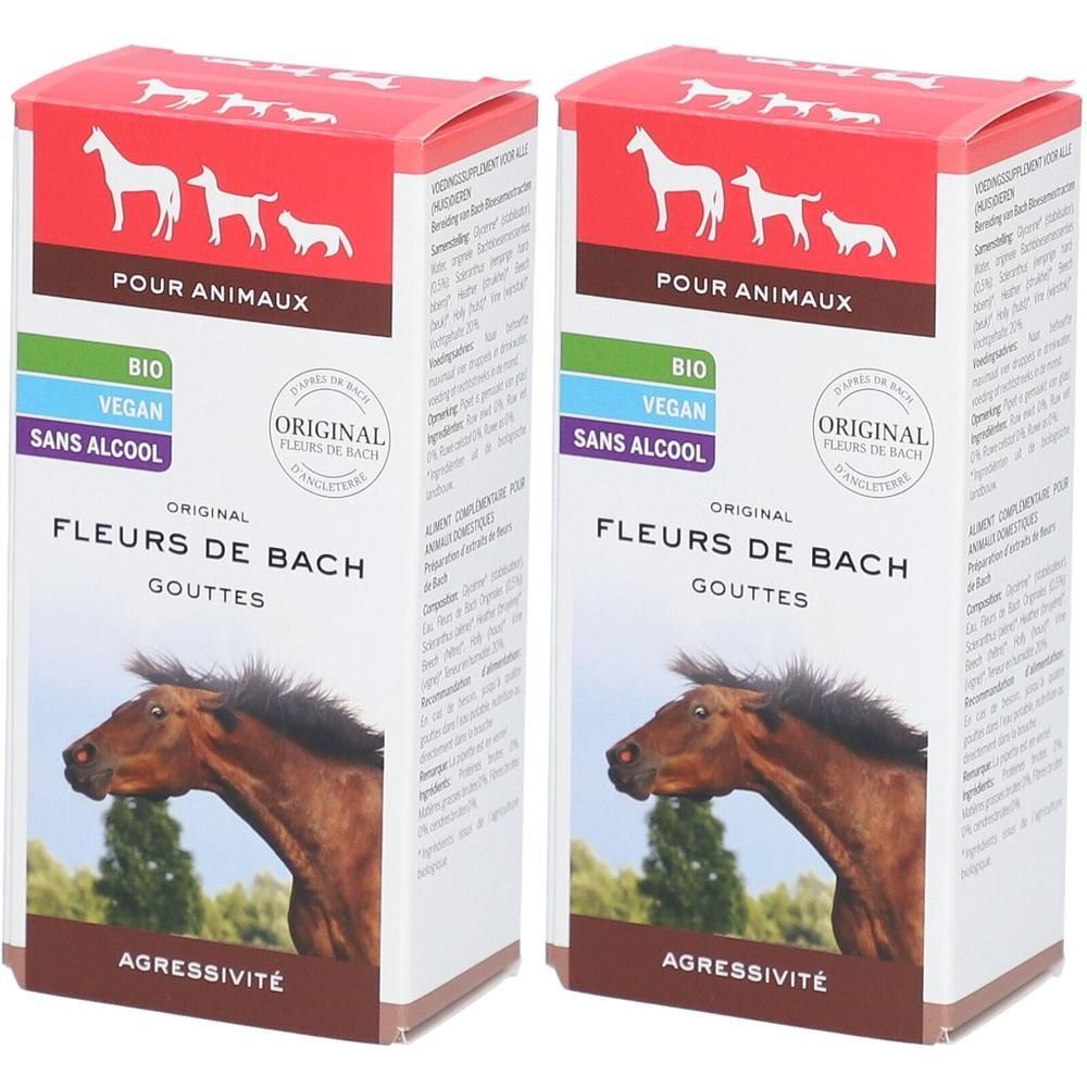 Deux boîtes de Fleurs de Bach gouttes pour animaux, variété Agressivité. Bio, vegan, sans alcool.