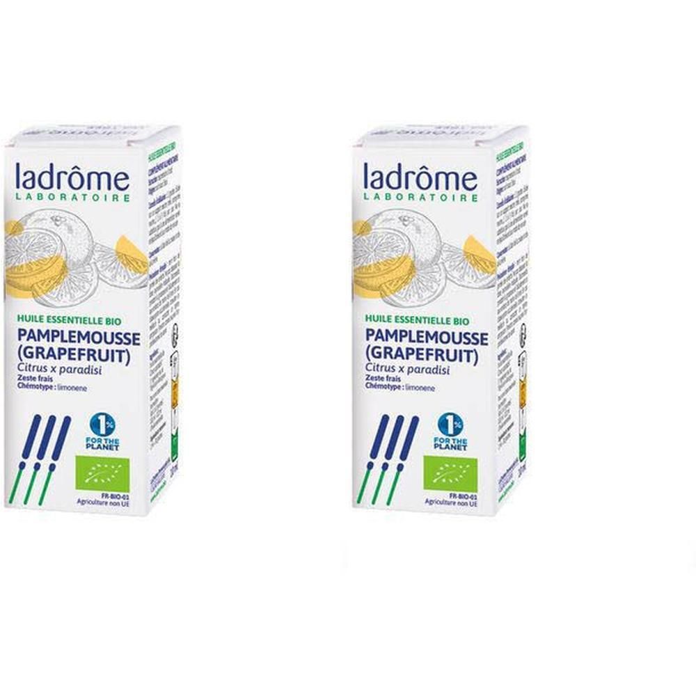 Deux boîtes d'huile essentielle de pamplemousse Ladrôme. Illustrées de citrons et sceau bio.