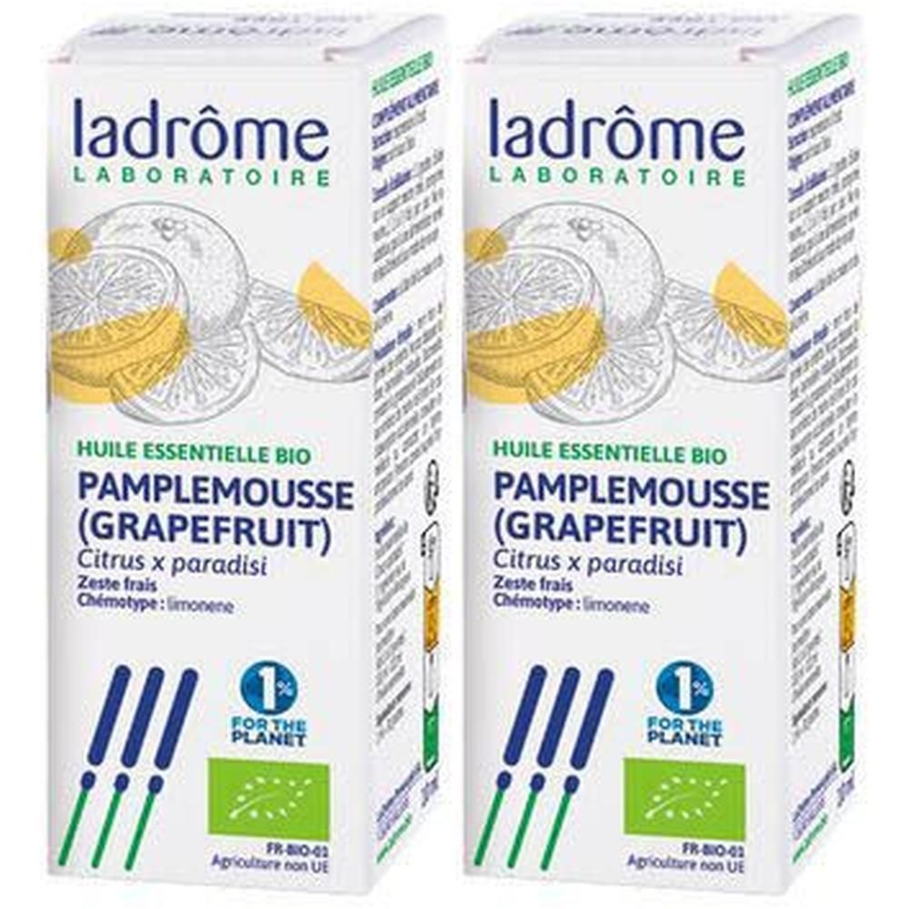 Twee doosjes Ladrôme Grapefruit etherische olie. Met citroenschijfjes en bio-zegel.