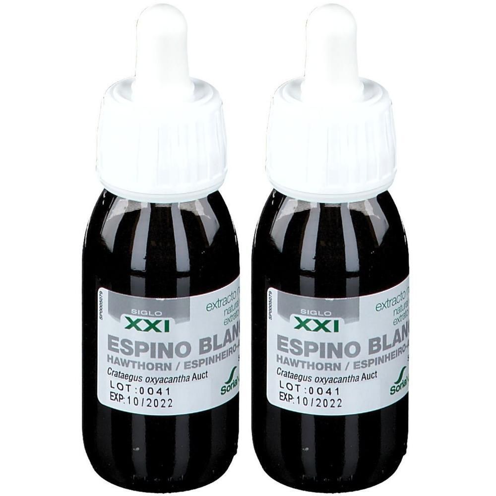 Deux flacons compte-gouttes avec liquide sombre et embouts compte-gouttes blancs. Étiquettes indiquent 'XXI ESPINO BLAN' et 'Crataegus oxyacantha'.