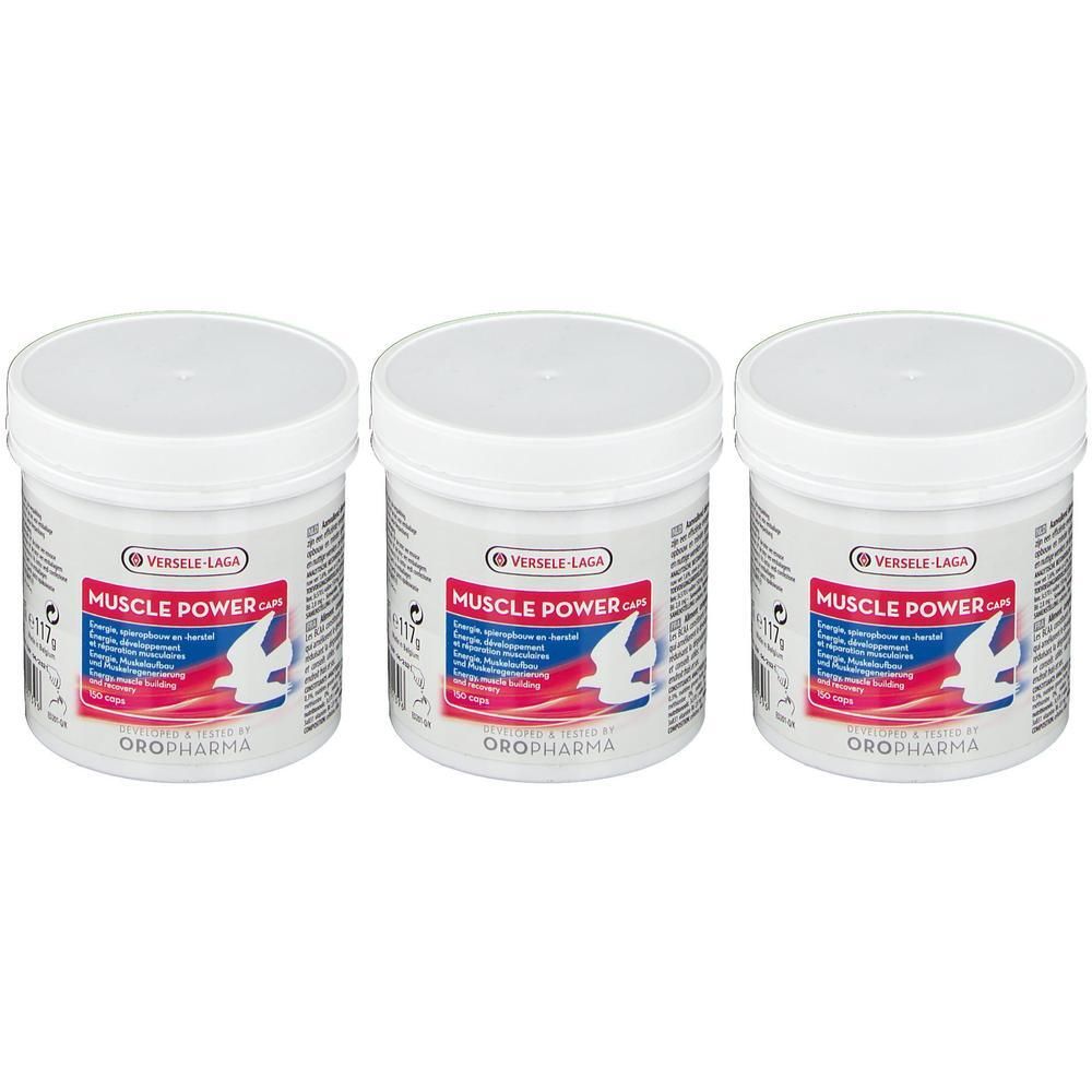 Drie witte potten met Muscle Power zalf, Oropharma.