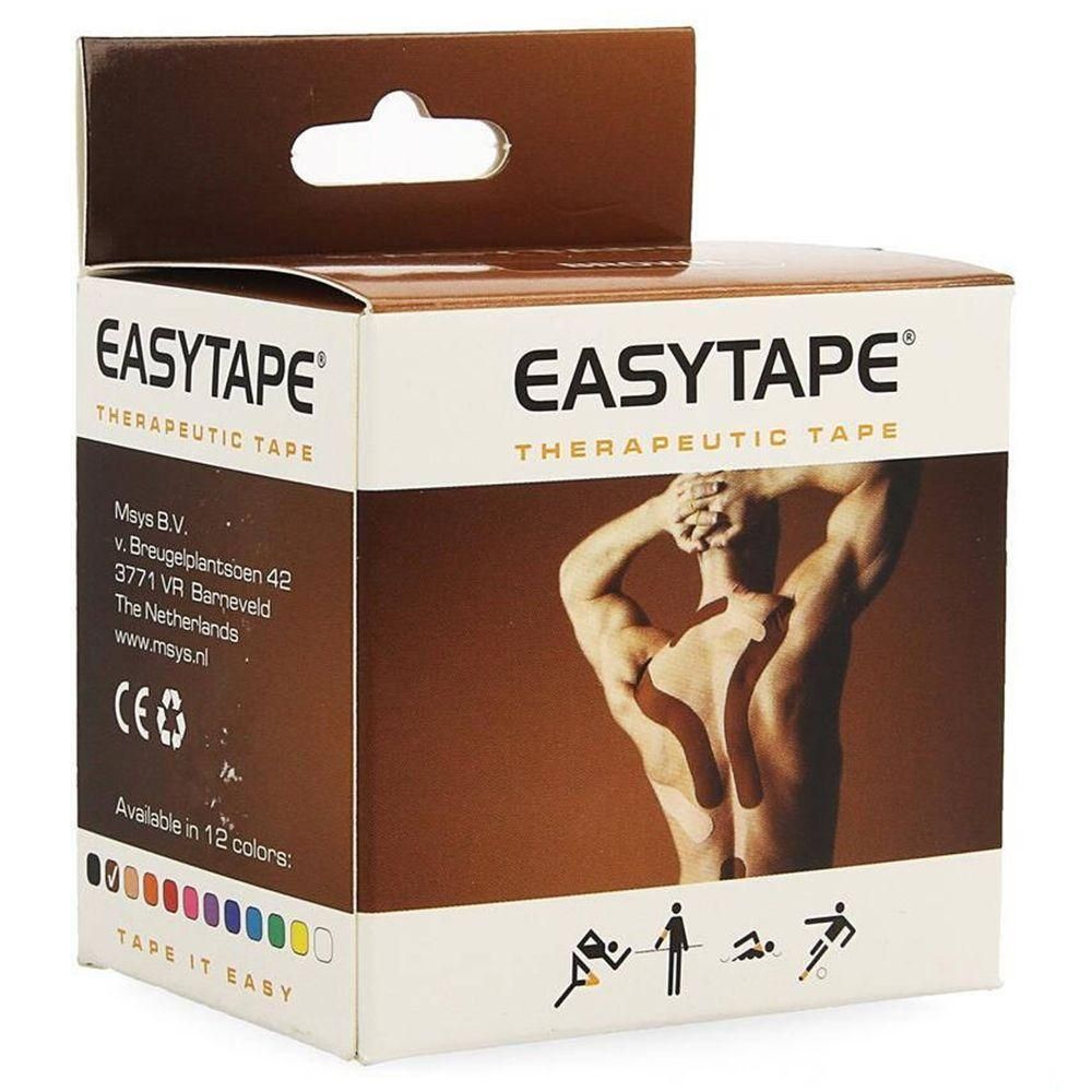 Boîte de Easytape, ruban thérapeutique brun. Montre un homme avec du ruban adhésif sur le dos.