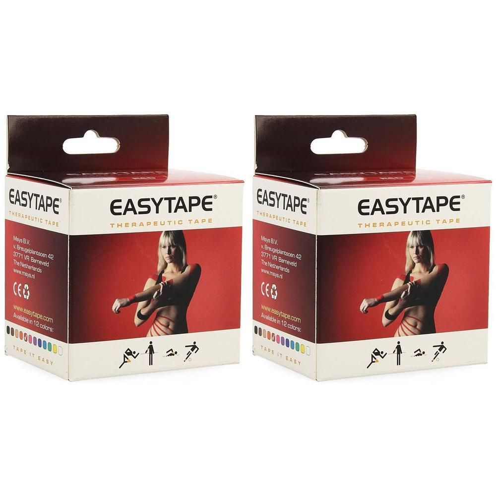 Twee pakken Easytape® Therapeutisch Tape Rood. Elke verpakking toont een vrouw die de tape aanbrengt.