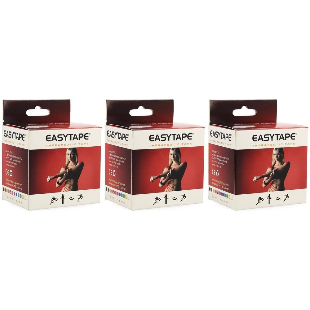 Trois boîtes de Easytape® Therapeutic Tape Rouge, avec des images de sportifs.