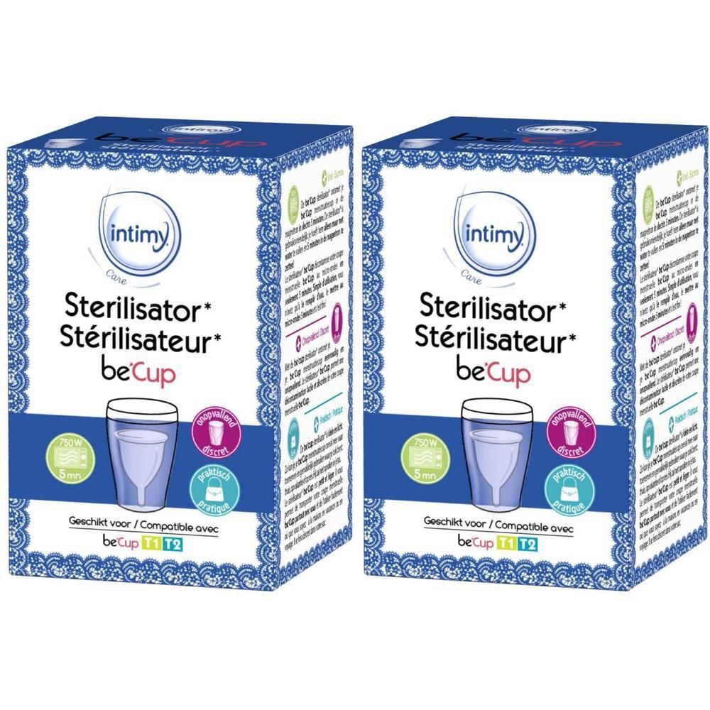 Twee dozen voor Intimy beCup Sterilisator. Toont een sterilisatiebeker en productinformatie.