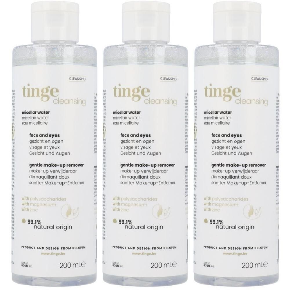Trois bouteilles d'eau micellaire Tinge pour le visage et les yeux.
