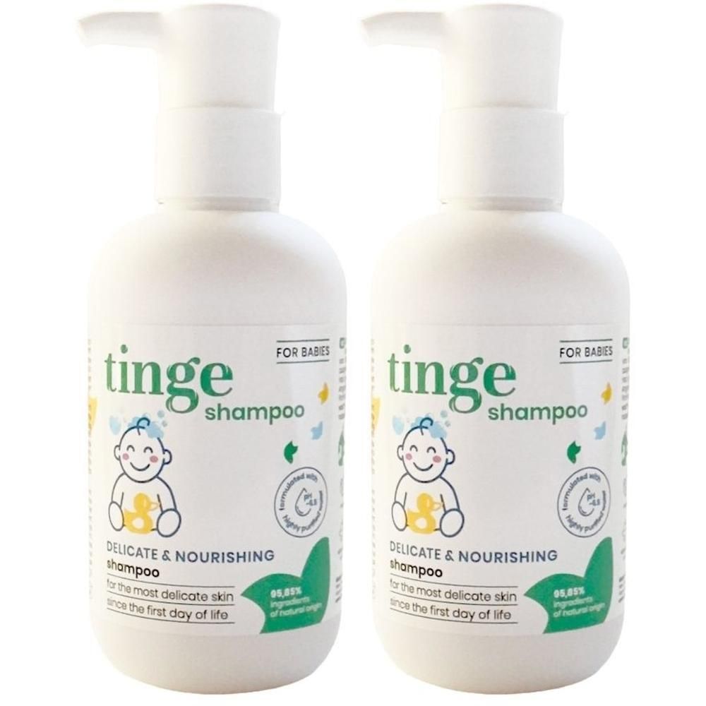 Twee flessen Tinge babyshampoo met pompdoseerders.