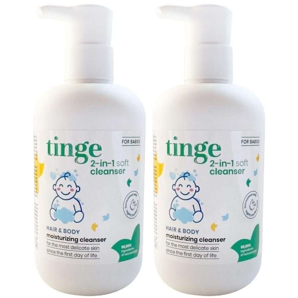 Deux flacons pompe blancs de nettoyant doux 2-en-1 Tinge pour bébés.
