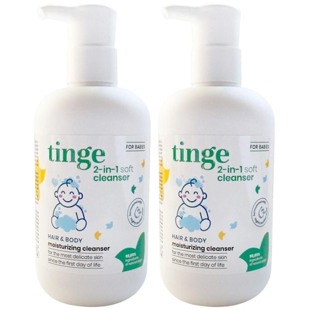 Twee witte pompflesjes Tinge 2-in-1 milde reiniger voor baby's.
