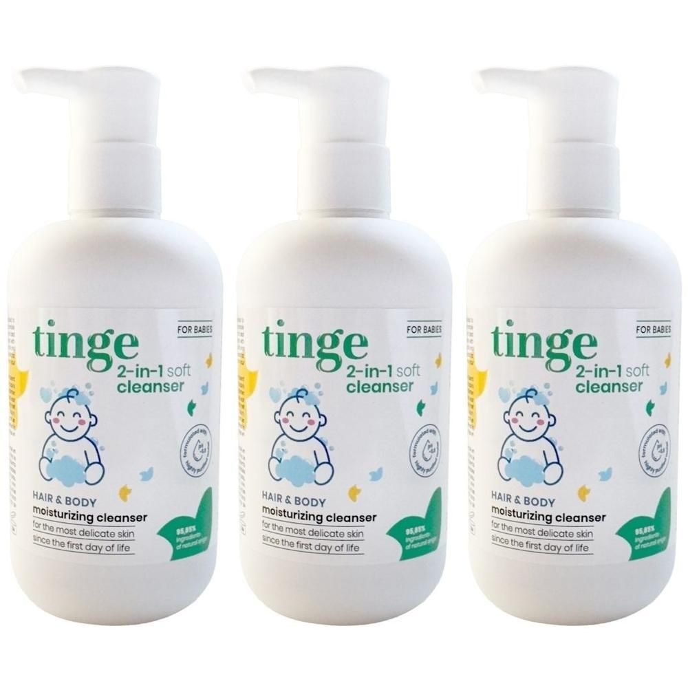 Trois flacons de Tinge Gel Lavant 2-en-1 Cheveux & Corps pour bébés.