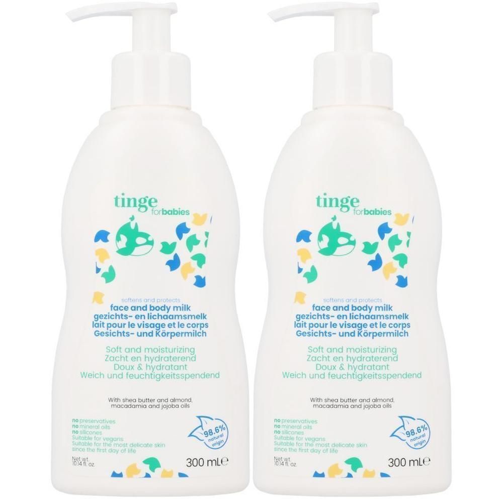 Deux flacons de lait visage et corps Tinge for Babies avec pompes.
