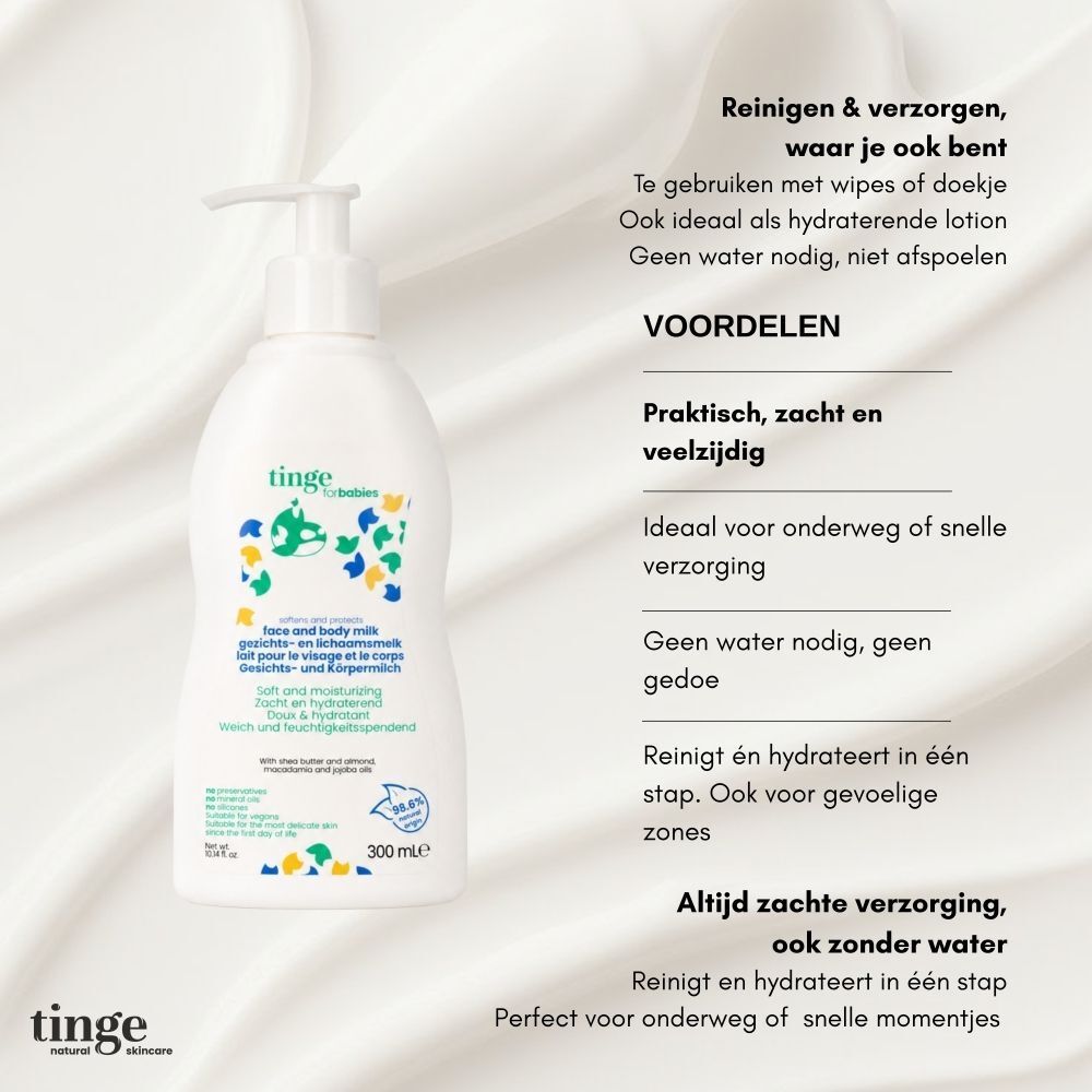 Fles Tinge for Babies gezichts- en lichaamsmelk met Nederlandse gebruiksaanwijzing.