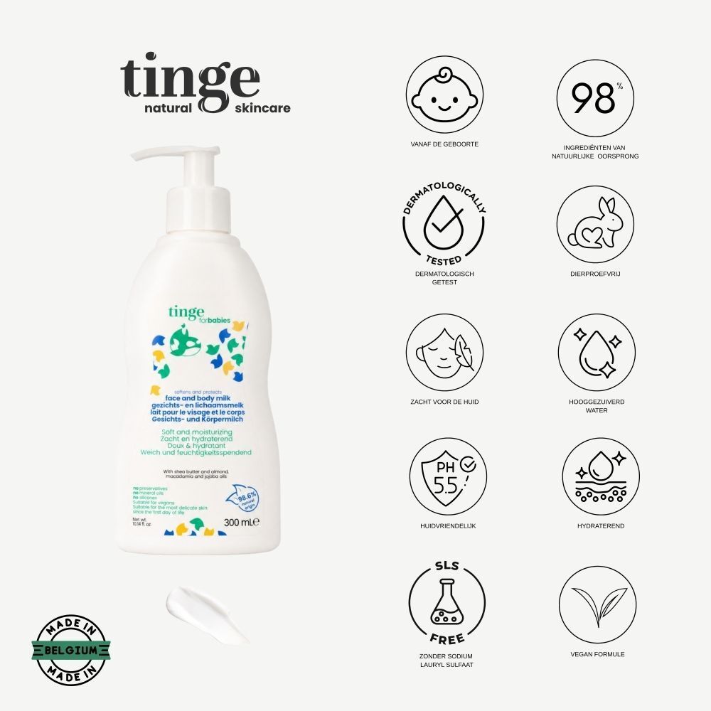 Fles Tinge for Babies gezichts- en lichaamsmelk met Nederlandse productinformatie en iconen.