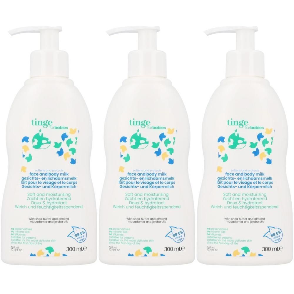 Drie witte pompflesjes met Tinge for Babies gezichts- en lichaamsmelk.
