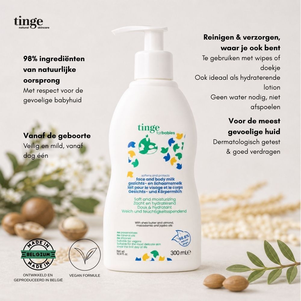 Wit pompflesje Tinge for Babies gezichts- en lichaamsmelk met gedetailleerde ingrediënten.