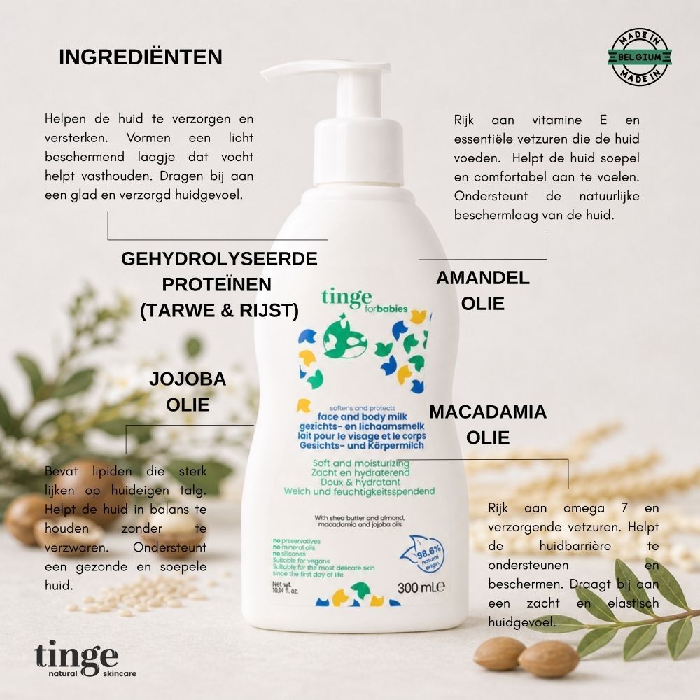 Wit pompflesje Tinge for Babies gezichts- en lichaamsmelk met uitleg over de productkeuze.