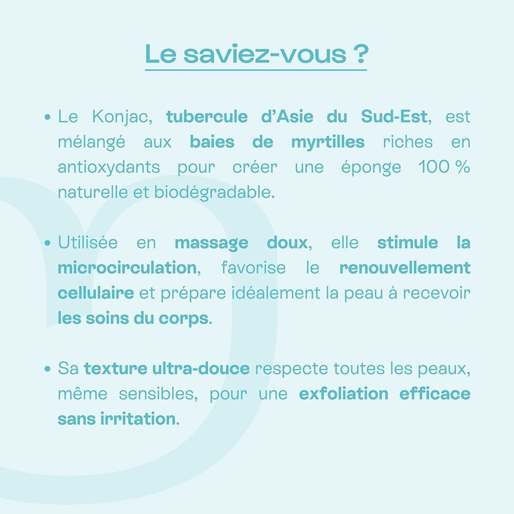 Informations sur les éponges konjac, leurs bienfaits et ingrédients, avec texte et illustrations.