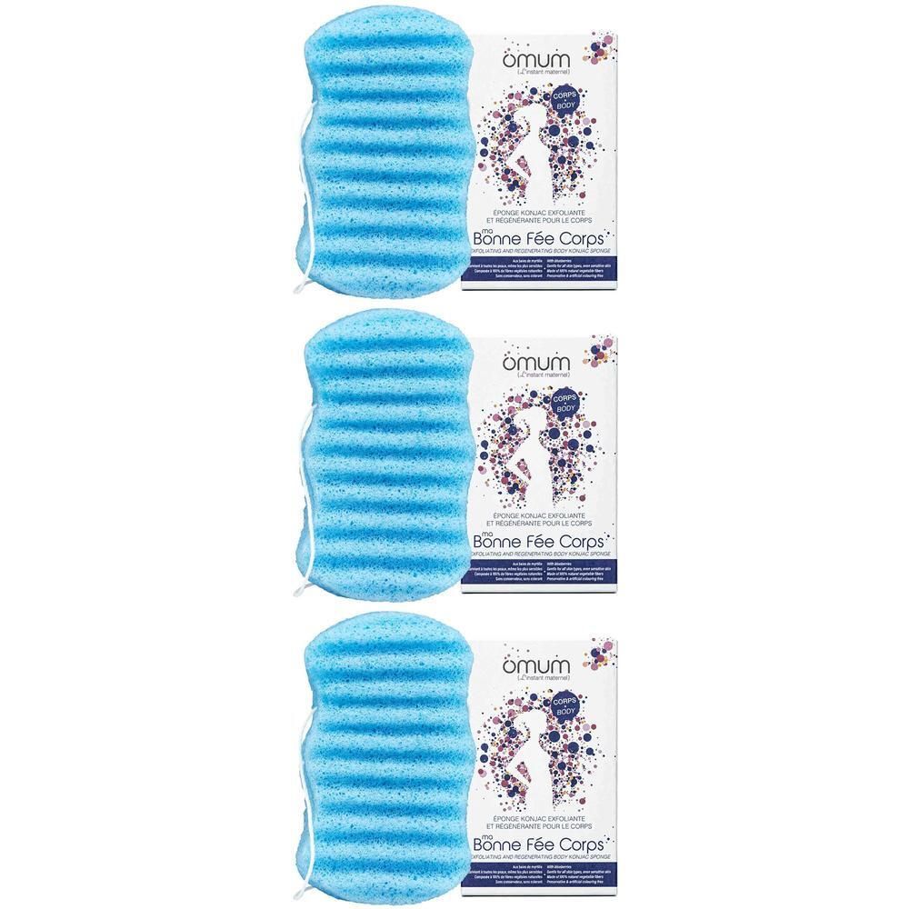 Trois éponges Konjac bleues avec cordon de suspension et emballage.
