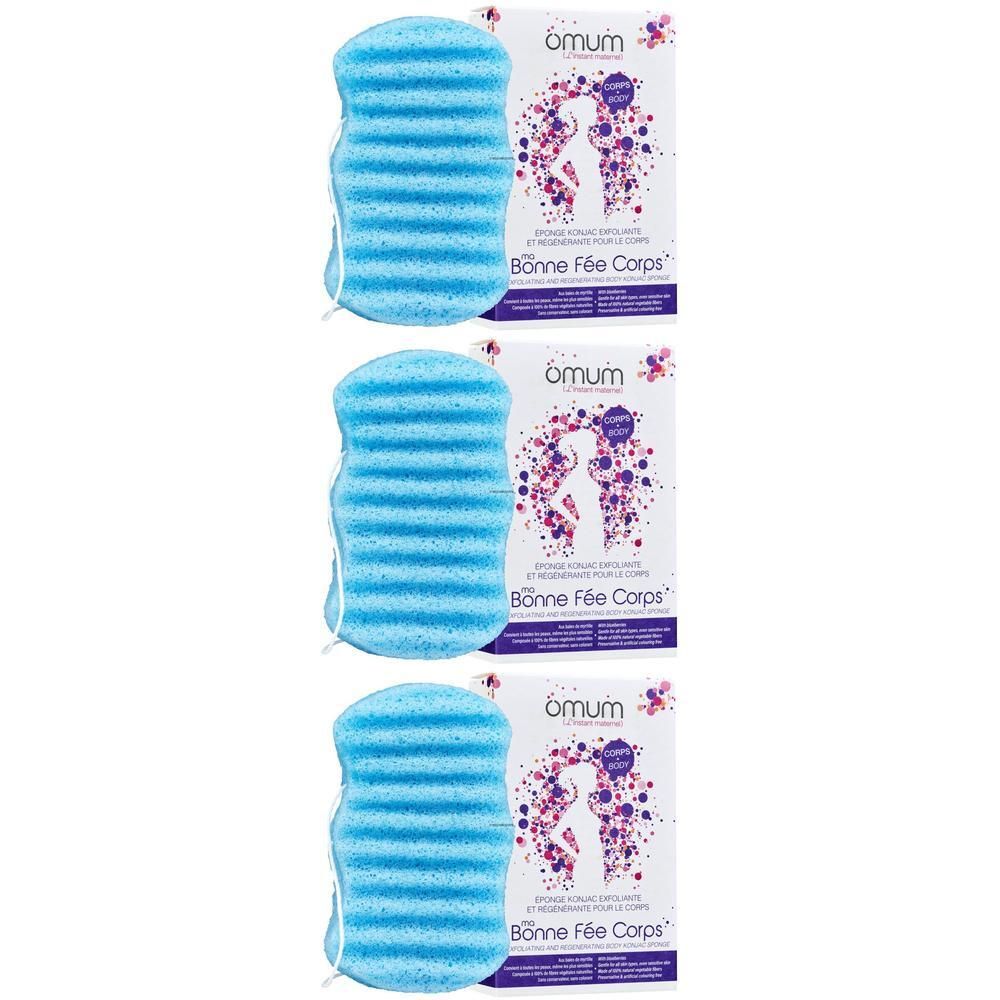 Drie blauwe Konjac sponzen met ophanglus en verpakking.