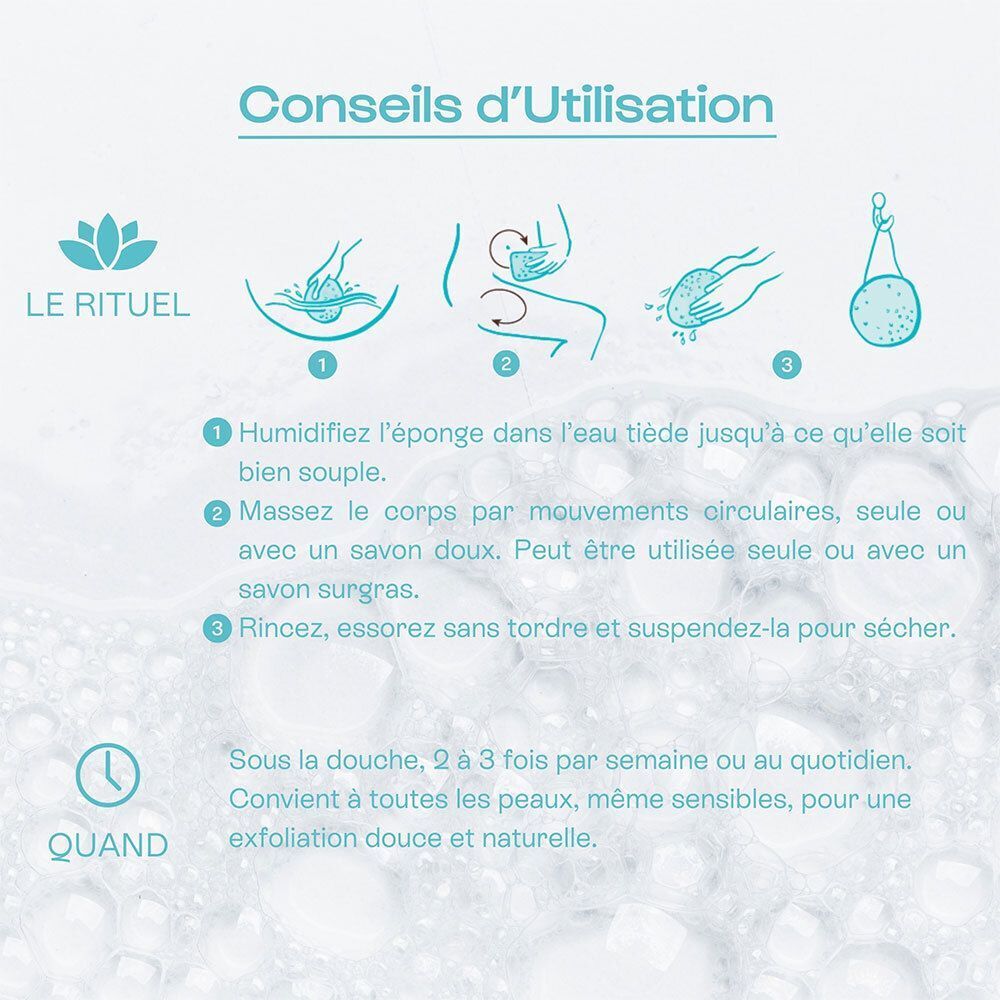 Conseils d'utilisation éponge Konjac : humidifier, masser, rincer et suspendre.