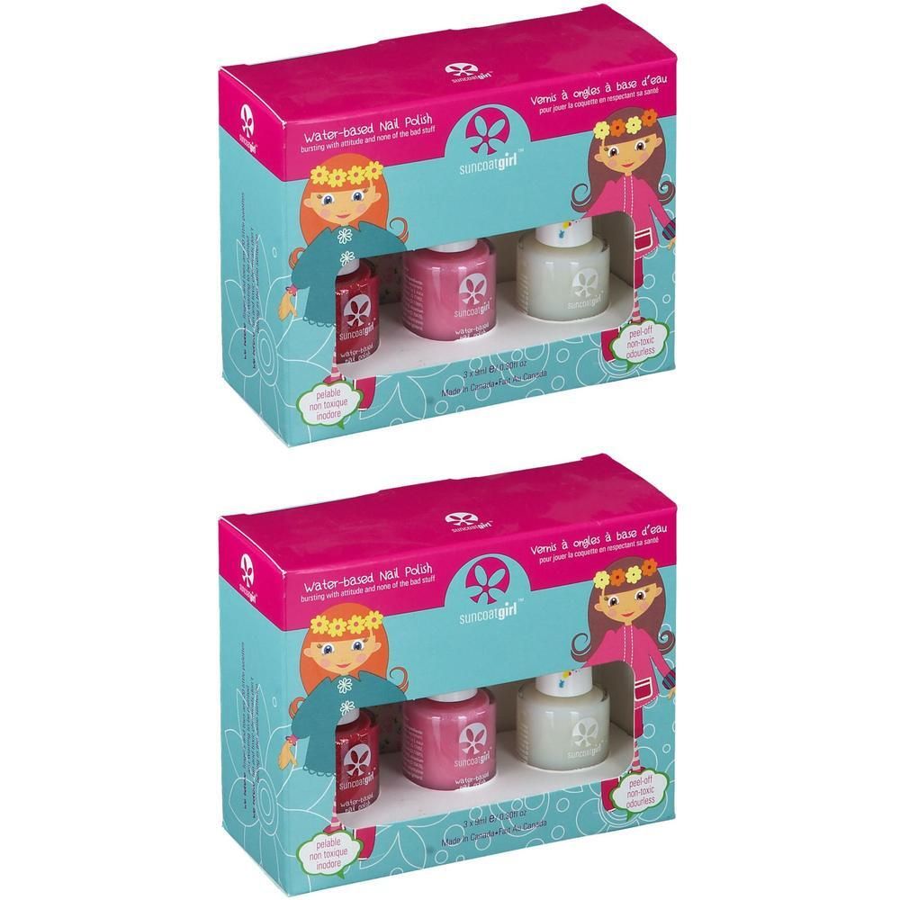 Deux boîtes contenant chacune trois flacons de vernis à ongles rouge, rose et blanc.